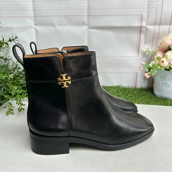 Tory Burch Everly Flat Ankle Boot Side Zip Perfect Black Gold Logo Size 5 New