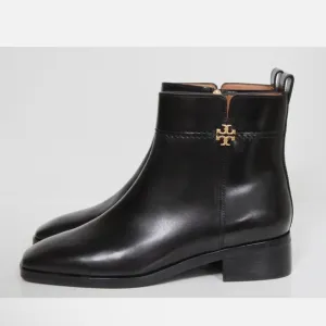 Tory Burch Everly Flat Ankle Boot Side Zip Perfect Black Gold Logo Size 5 New