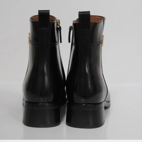 Tory Burch Everly Flat Ankle Boot Side Zip Perfect Black Gold Logo Size 5 New