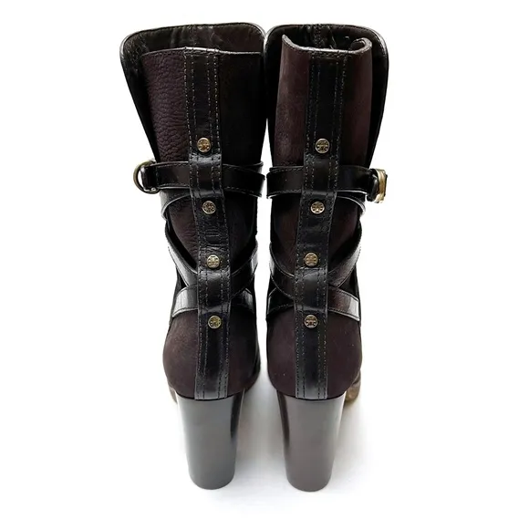 Tory Burch Jamie Chocolate Brown Nubuck Leather Buckle Strap Heeled Boots