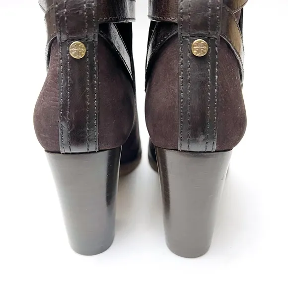 Tory Burch Jamie Chocolate Brown Nubuck Leather Buckle Strap Heeled Boots