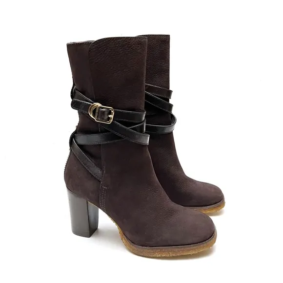Tory Burch Jamie Chocolate Brown Nubuck Leather Buckle Strap Heeled Boots