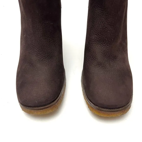 Tory Burch Jamie Chocolate Brown Nubuck Leather Buckle Strap Heeled Boots