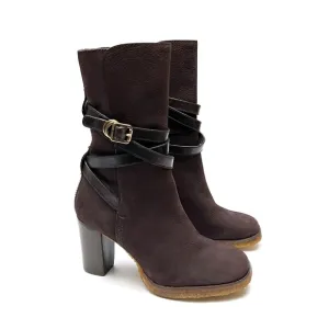 Tory Burch Jamie Chocolate Brown Nubuck Leather Buckle Strap Heeled Boots