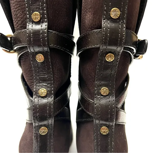 Tory Burch Jamie Chocolate Brown Nubuck Leather Buckle Strap Heeled Boots