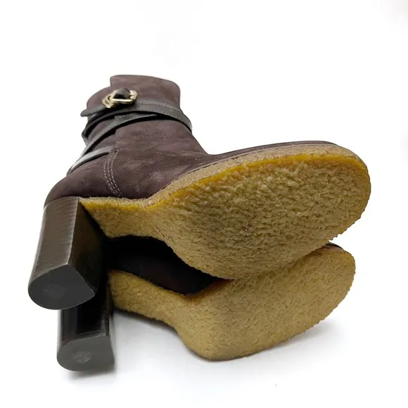 Tory Burch Jamie Chocolate Brown Nubuck Leather Buckle Strap Heeled Boots