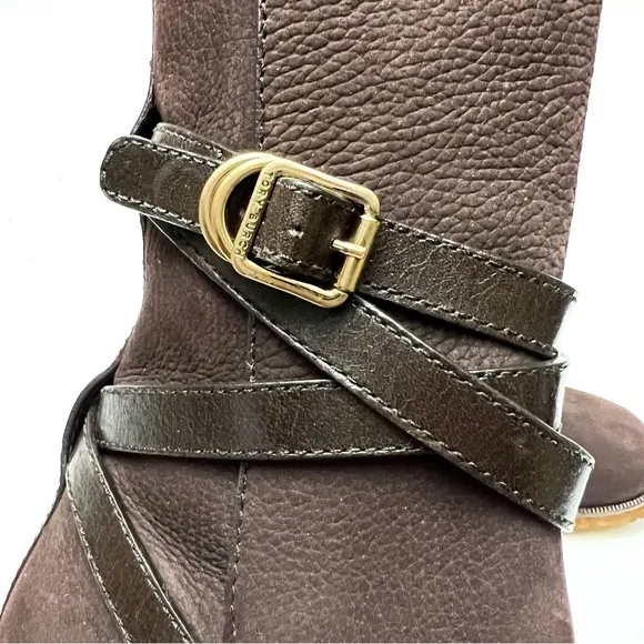 Tory Burch Jamie Chocolate Brown Nubuck Leather Buckle Strap Heeled Boots