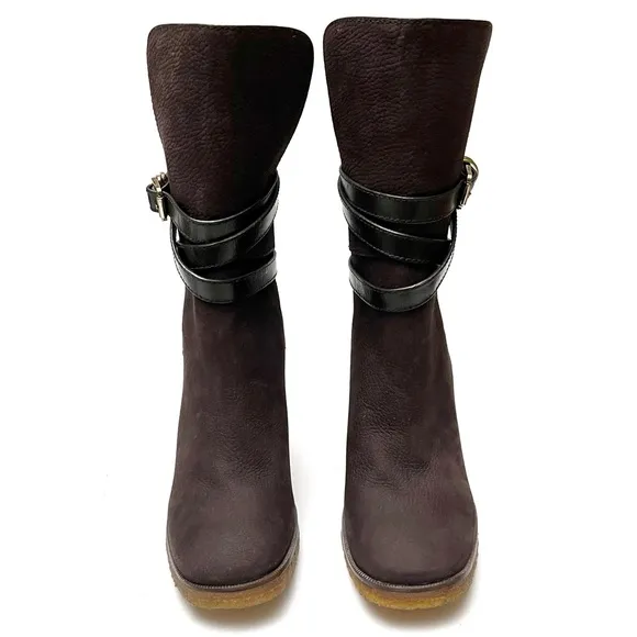 Tory Burch Jamie Chocolate Brown Nubuck Leather Buckle Strap Heeled Boots