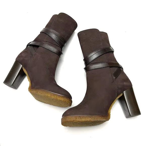 Tory Burch Jamie Chocolate Brown Nubuck Leather Buckle Strap Heeled Boots