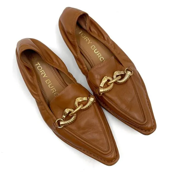 Tory Burch Jessa Loafers Brown Leather Pointed Toe Flats Horsebit Sz 6.5