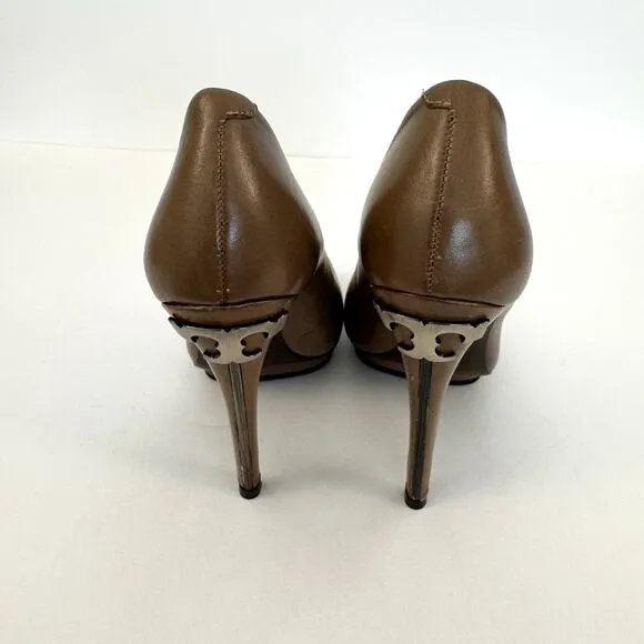 Tory Burch Jude Leather Platform Pumps Logo Heels Shoes Taupe/Tan 8M
