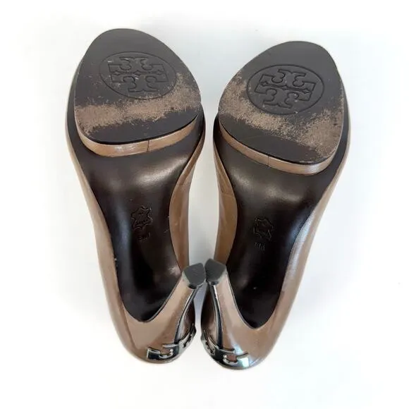 Tory Burch Jude Leather Platform Pumps Logo Heels Shoes Taupe/Tan 8M