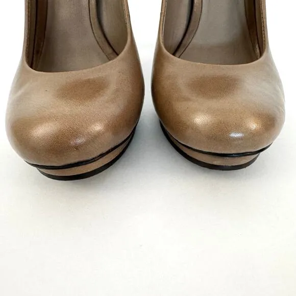 Tory Burch Jude Leather Platform Pumps Logo Heels Shoes Taupe/Tan 8M
