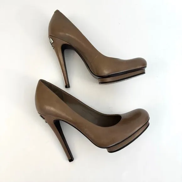 Tory Burch Jude Leather Platform Pumps Logo Heels Shoes Taupe/Tan 8M