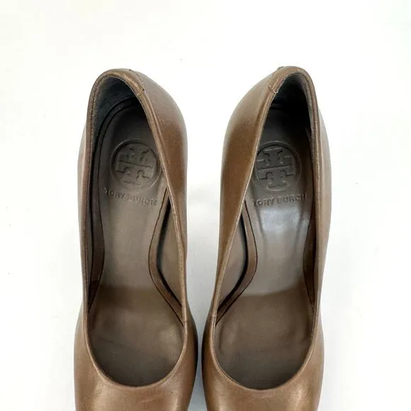 Tory Burch Jude Leather Platform Pumps Logo Heels Shoes Taupe/Tan 8M