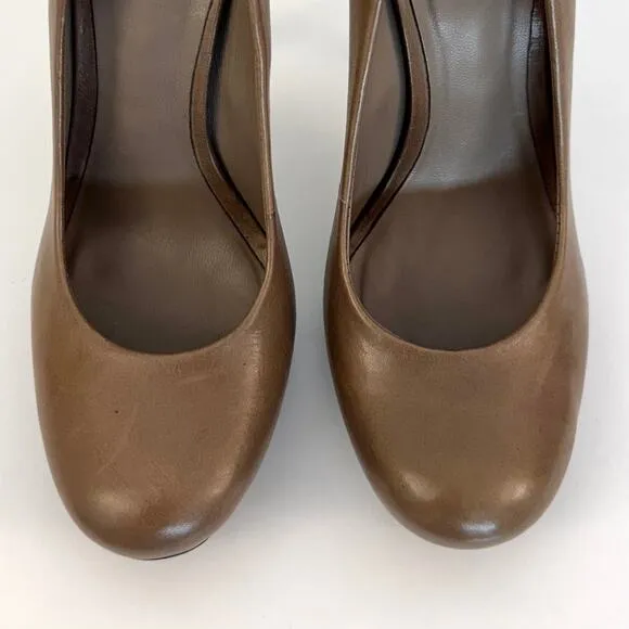 Tory Burch Jude Leather Platform Pumps Logo Heels Shoes Taupe/Tan 8M