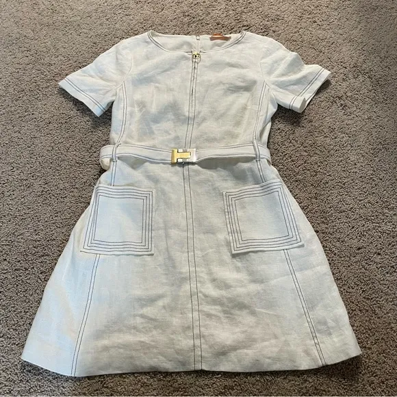 Tory Burch Linen Shift Dress Belted White Cream Size 12