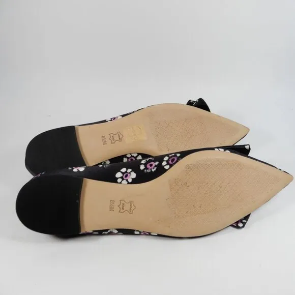 TORY BURCH Rosalind Bow Ballet Flats Size 8.5 Run Small Satin Black Floral NEW