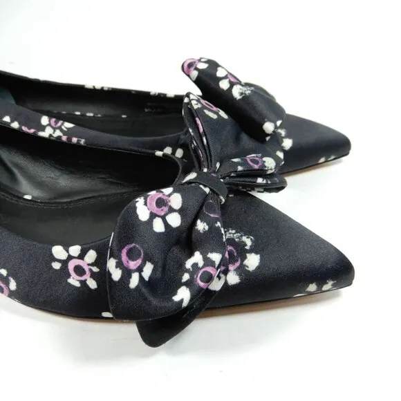 TORY BURCH Rosalind Bow Ballet Flats Size 8.5 Run Small Satin Black Floral NEW