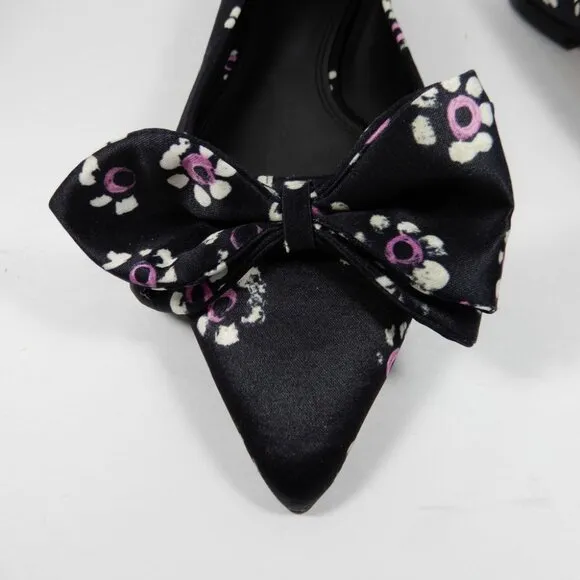 TORY BURCH Rosalind Bow Ballet Flats Size 8.5 Run Small Satin Black Floral NEW