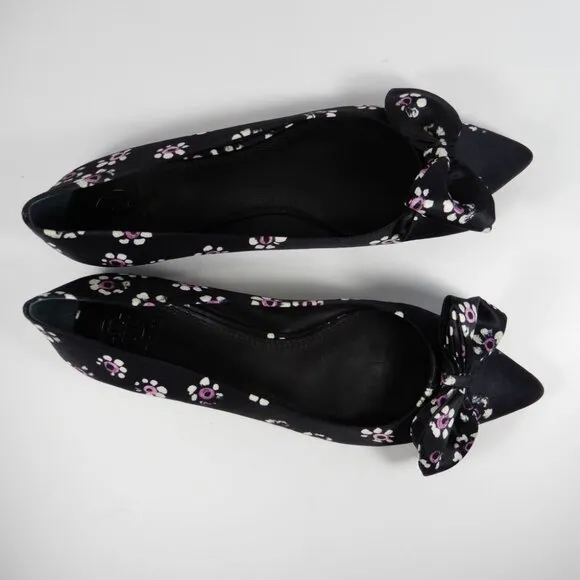 TORY BURCH Rosalind Bow Ballet Flats Size 8.5 Run Small Satin Black Floral NEW