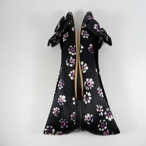 TORY BURCH Rosalind Bow Ballet Flats Size 8.5 Run Small Satin Black Floral NEW
