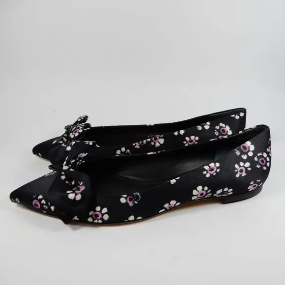 TORY BURCH Rosalind Bow Ballet Flats Size 8.5 Run Small Satin Black Floral NEW
