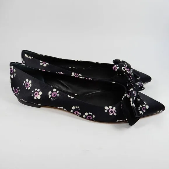 TORY BURCH Rosalind Bow Ballet Flats Size 8.5 Run Small Satin Black Floral NEW
