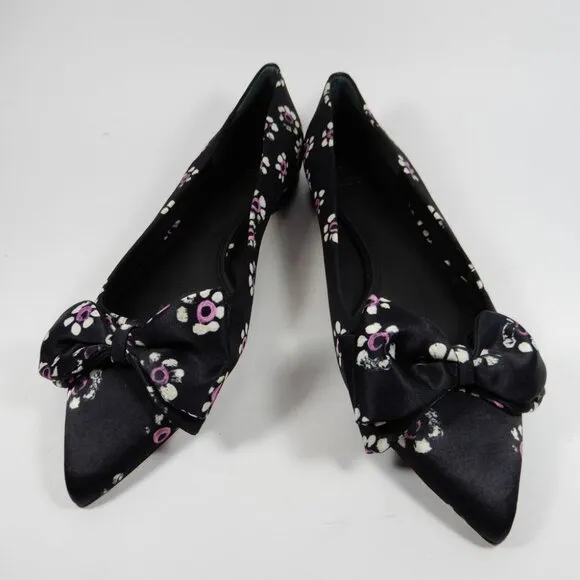 TORY BURCH Rosalind Bow Ballet Flats Size 8.5 Run Small Satin Black Floral NEW