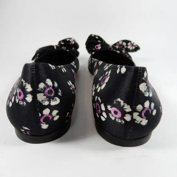 TORY BURCH Rosalind Bow Ballet Flats Size 8.5 Run Small Satin Black Floral NEW