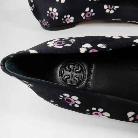 TORY BURCH Rosalind Bow Ballet Flats Size 8.5 Run Small Satin Black Floral NEW