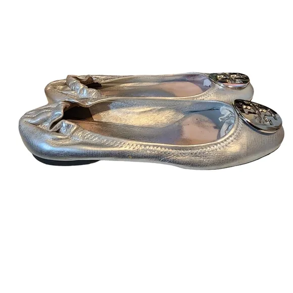 Tory Burch Silver Leather Claire Ballet Metal Logo Hardware Flat