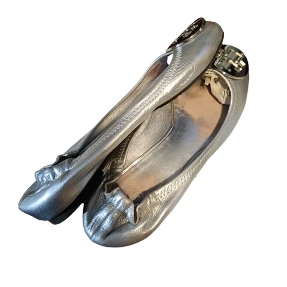Tory Burch Silver Leather Claire Ballet Metal Logo Hardware Flat