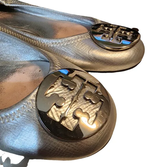 Tory Burch Silver Leather Claire Ballet Metal Logo Hardware Flat