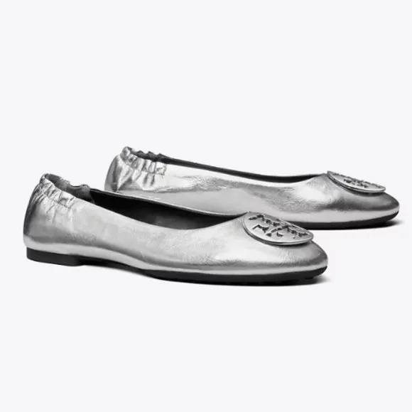 Tory Burch Silver Leather Claire Ballet Metal Logo Hardware Flat