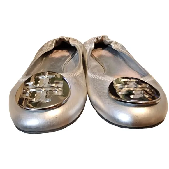 Tory Burch Silver Leather Claire Ballet Metal Logo Hardware Flat
