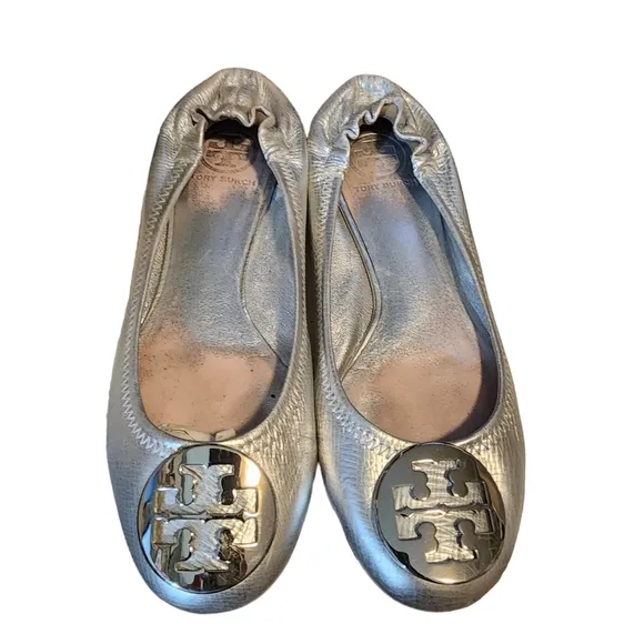 Tory Burch Silver Leather Claire Ballet Metal Logo Hardware Flat