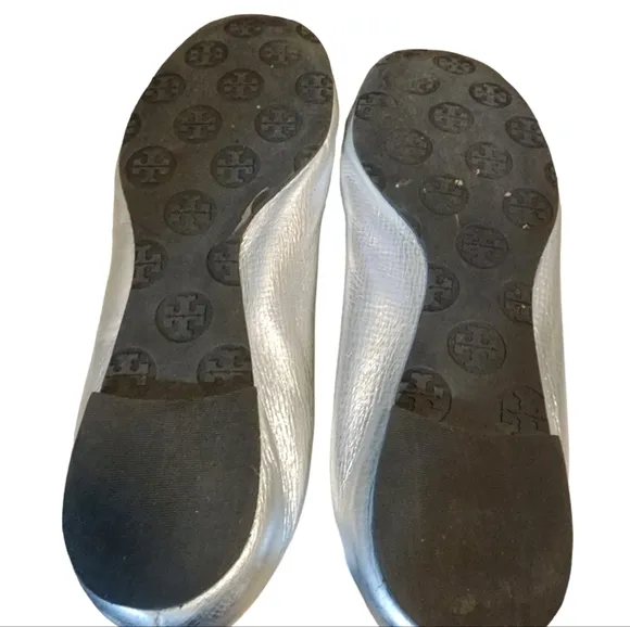 Tory Burch Silver Leather Claire Ballet Metal Logo Hardware Flat