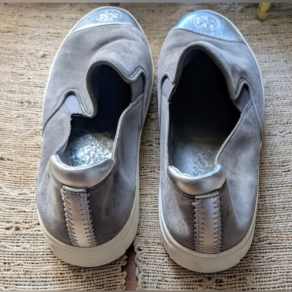 Tory Burch • Slip On Sneakers Shoes in Silver Gray Suede EUC