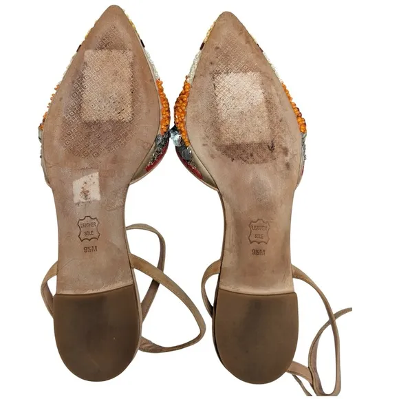 Tory Burch Sz 9.5 M Isle Embellished Ankle Strap Pointed Orange Flats