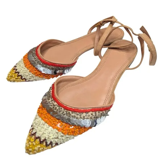 Tory Burch Sz 9.5 M Isle Embellished Ankle Strap Pointed Orange Flats