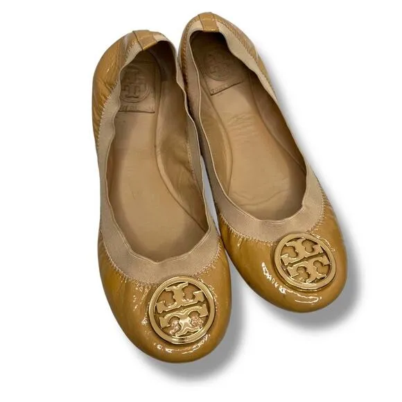 Tory Burch Tan Caroline Nude Ballet Leather Flats 8