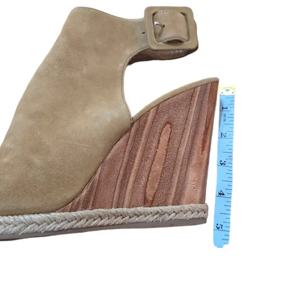 Tory Burch Tan Suede Leather Open Peep Toe Wood Wedge Slingback Heels 8.5