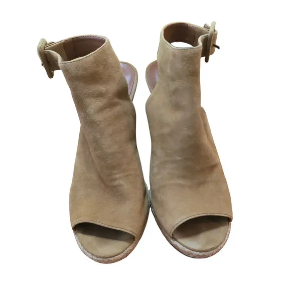 Tory Burch Tan Suede Leather Open Peep Toe Wood Wedge Slingback Heels 8.5