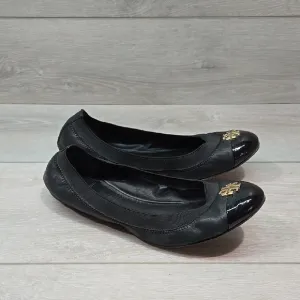 Tory Burch Women Black Ballet Flats Logo Gold Accent Loafer Slip On Shoes Sz 7.5