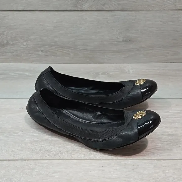 Tory Burch Women Black Ballet Flats Logo Gold Accent Loafer Slip On Shoes Sz 7.5