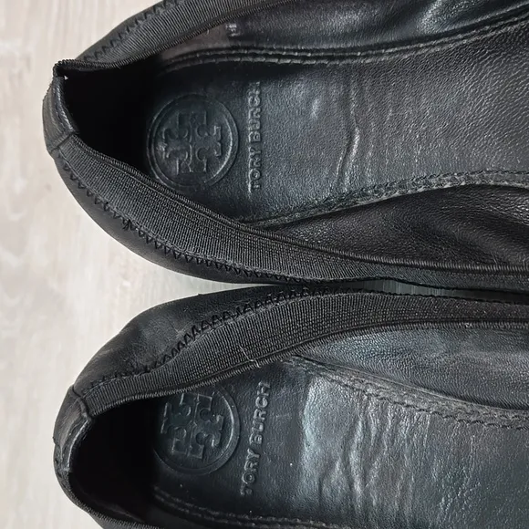 Tory Burch Women Black Ballet Flats Logo Gold Accent Loafer Slip On Shoes Sz 7.5