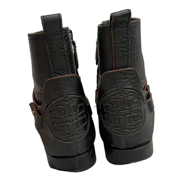 Tory Burch Women's Black Derby Mid Riding Boot Leather Round Toe Zip Closure8.5