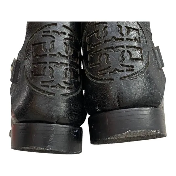Tory Burch Women's Black Derby Mid Riding Boot Leather Round Toe Zip Closure8.5