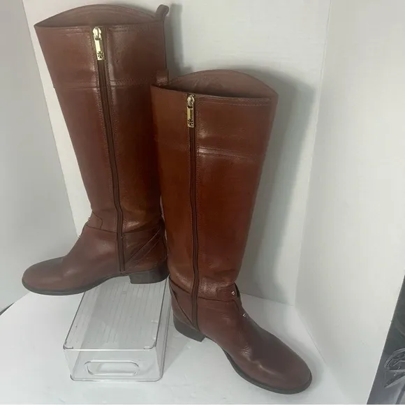 Tory Burch Women’s Leather Calf High Riding Boots Gold Tone Metal Logo Side Zip